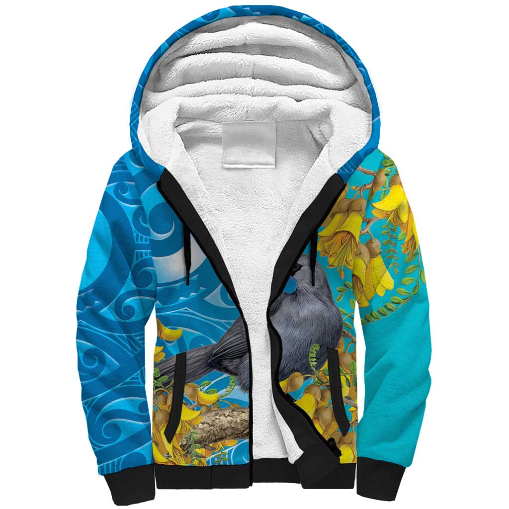 New Zealand Kokako Bird Sherpa Hoodie Maori Koru With Kowhai Flowers - Aussie Hoodie