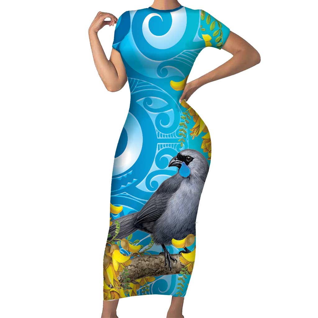 New Zealand Kokako Bird Short Sleeve Bodycon Dress Maori Koru With Kowhai Flowers - Aussie Hoodie