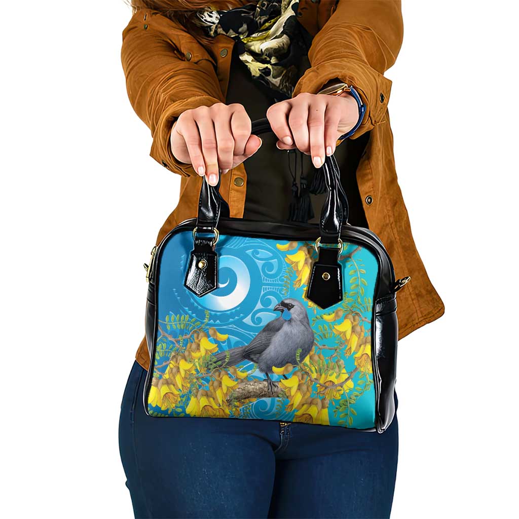 New Zealand Kokako Bird Shoulder Handbag Maori Koru With Kowhai Flowers - Aussie Hoodie