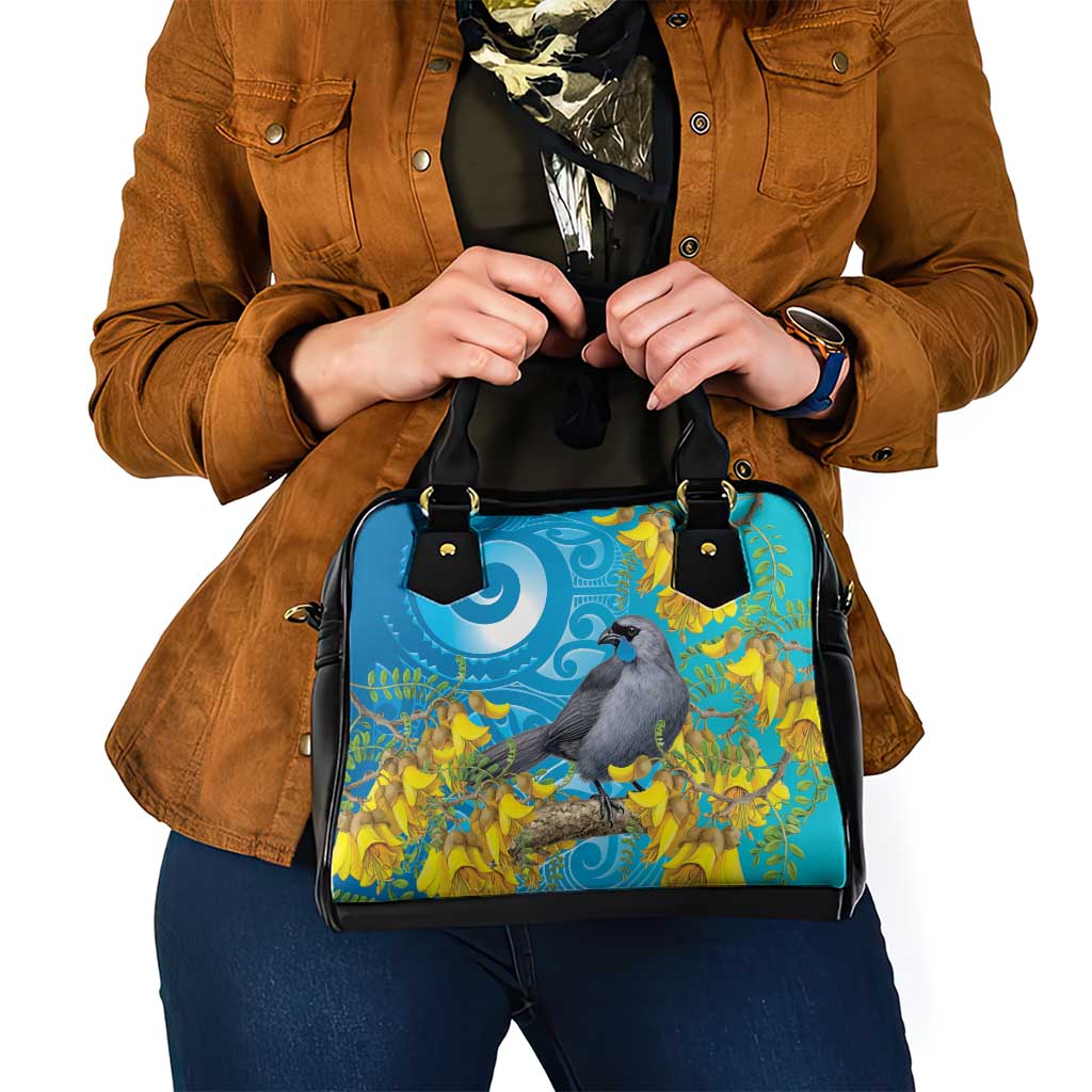 New Zealand Kokako Bird Shoulder Handbag Maori Koru With Kowhai Flowers - Aussie Hoodie