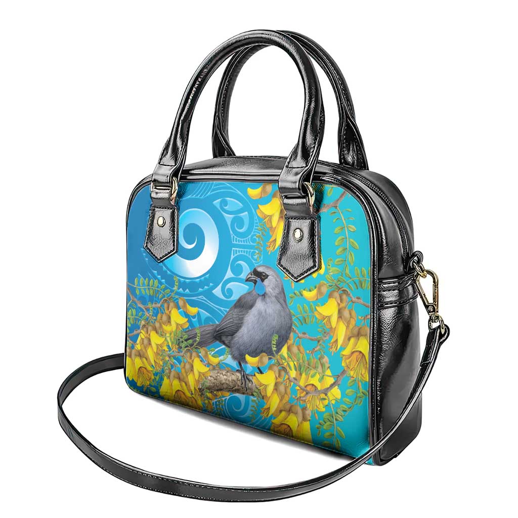 New Zealand Kokako Bird Shoulder Handbag Maori Koru With Kowhai Flowers - Aussie Hoodie
