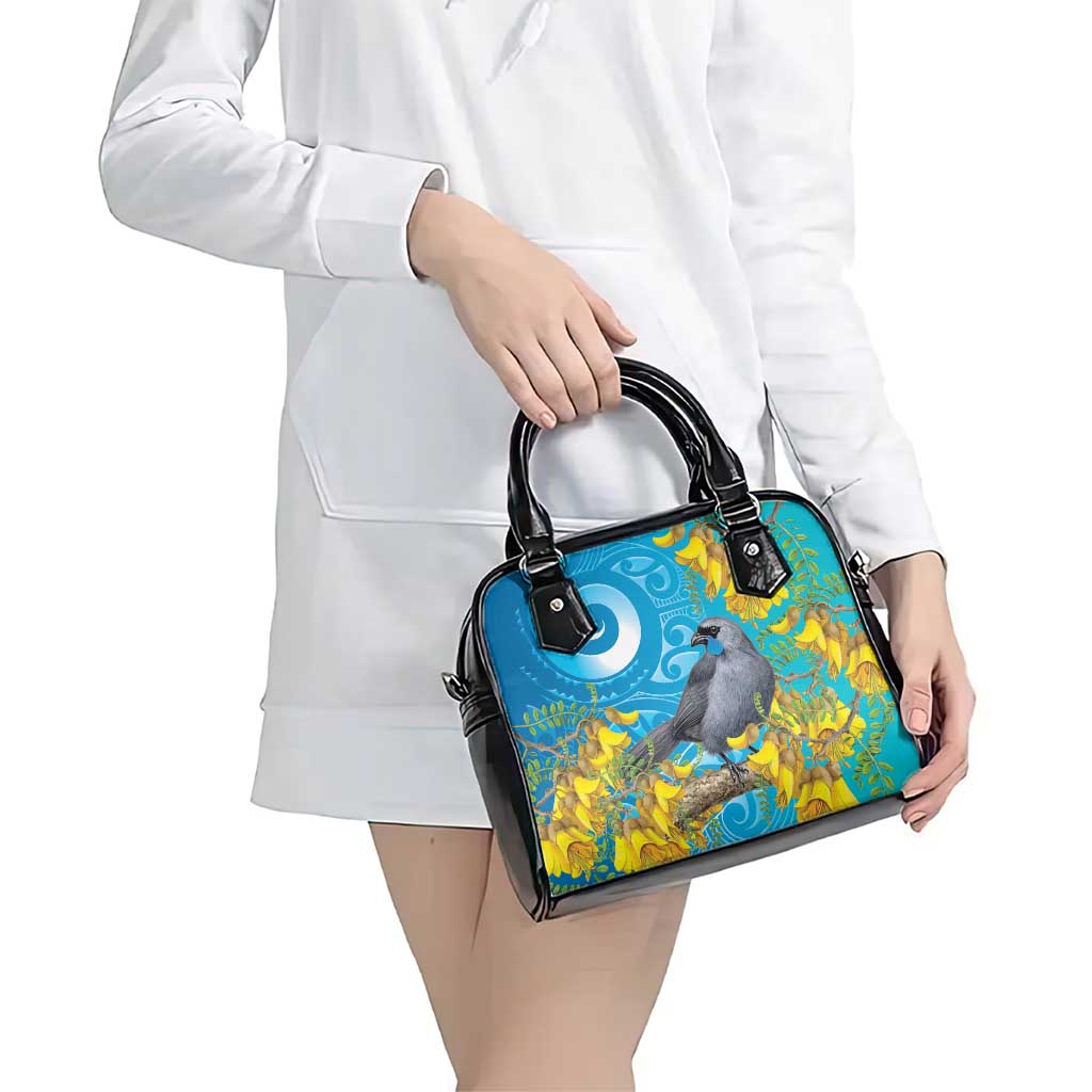 New Zealand Kokako Bird Shoulder Handbag Maori Koru With Kowhai Flowers - Aussie Hoodie