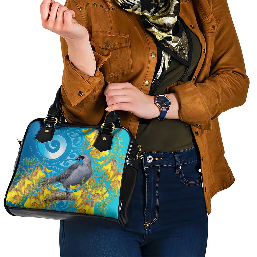 New Zealand Kokako Bird Shoulder Handbag Maori Koru With Kowhai Flowers - Aussie Hoodie
