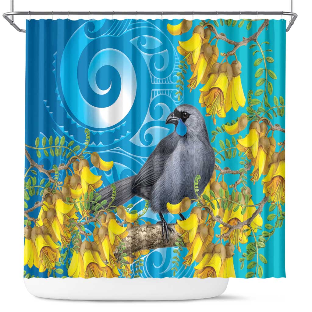 New Zealand Kokako Bird Shower Curtain Maori Koru With Kowhai Flowers - Aussie Hoodie