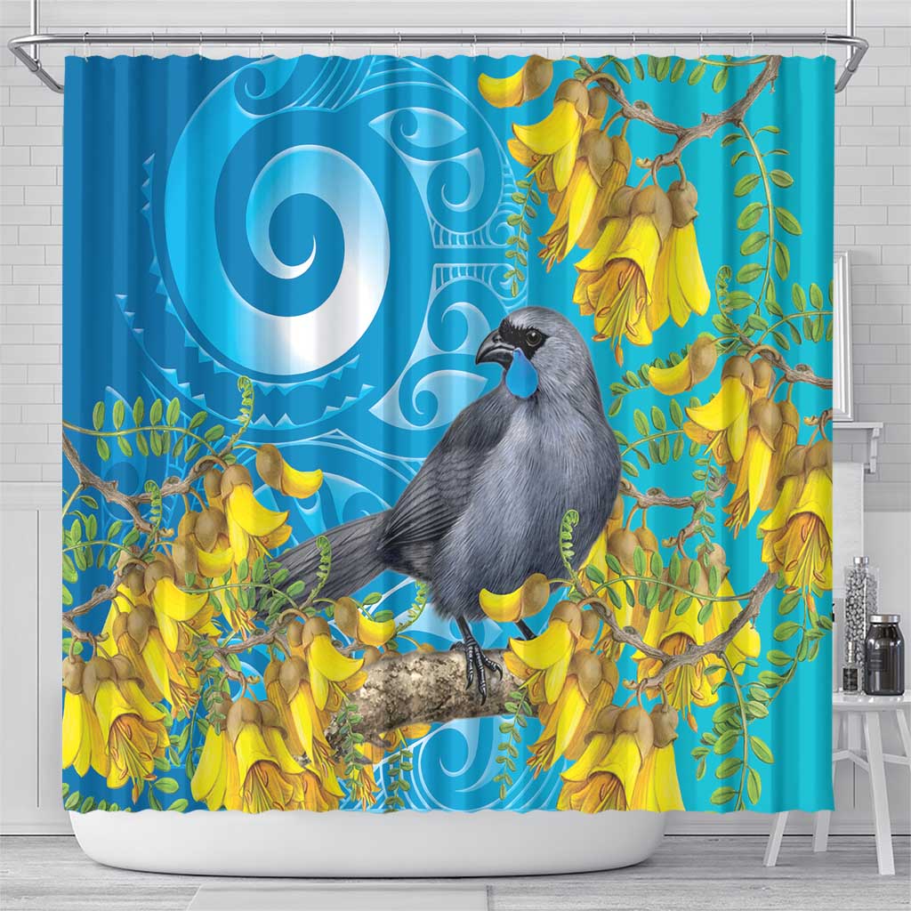 New Zealand Kokako Bird Shower Curtain Maori Koru With Kowhai Flowers - Aussie Hoodie