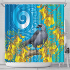 New Zealand Kokako Bird Shower Curtain Maori Koru With Kowhai Flowers - Aussie Hoodie