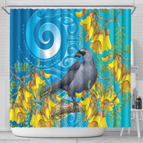 New Zealand Kokako Bird Shower Curtain Maori Koru With Kowhai Flowers - Aussie Hoodie