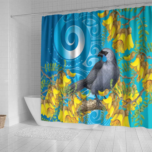 New Zealand Kokako Bird Shower Curtain Maori Koru With Kowhai Flowers - Aussie Hoodie