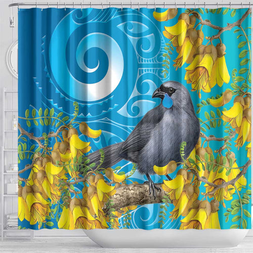 New Zealand Kokako Bird Shower Curtain Maori Koru With Kowhai Flowers - Aussie Hoodie