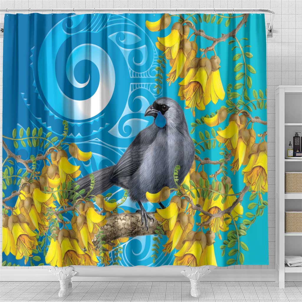 New Zealand Kokako Bird Shower Curtain Maori Koru With Kowhai Flowers - Aussie Hoodie