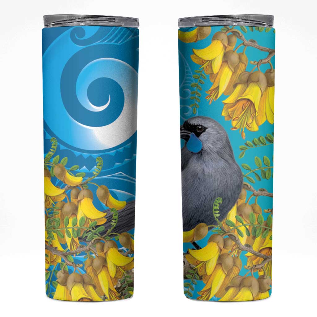 New Zealand Kokako Bird Skinny Tumbler Maori Koru With Kowhai Flowers - Aussie Hoodie