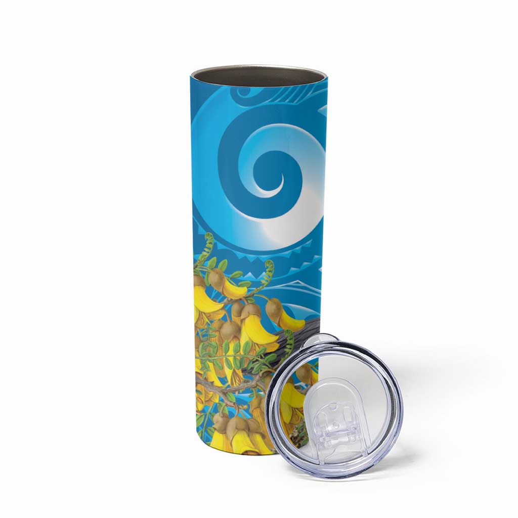 New Zealand Kokako Bird Skinny Tumbler Maori Koru With Kowhai Flowers - Aussie Hoodie