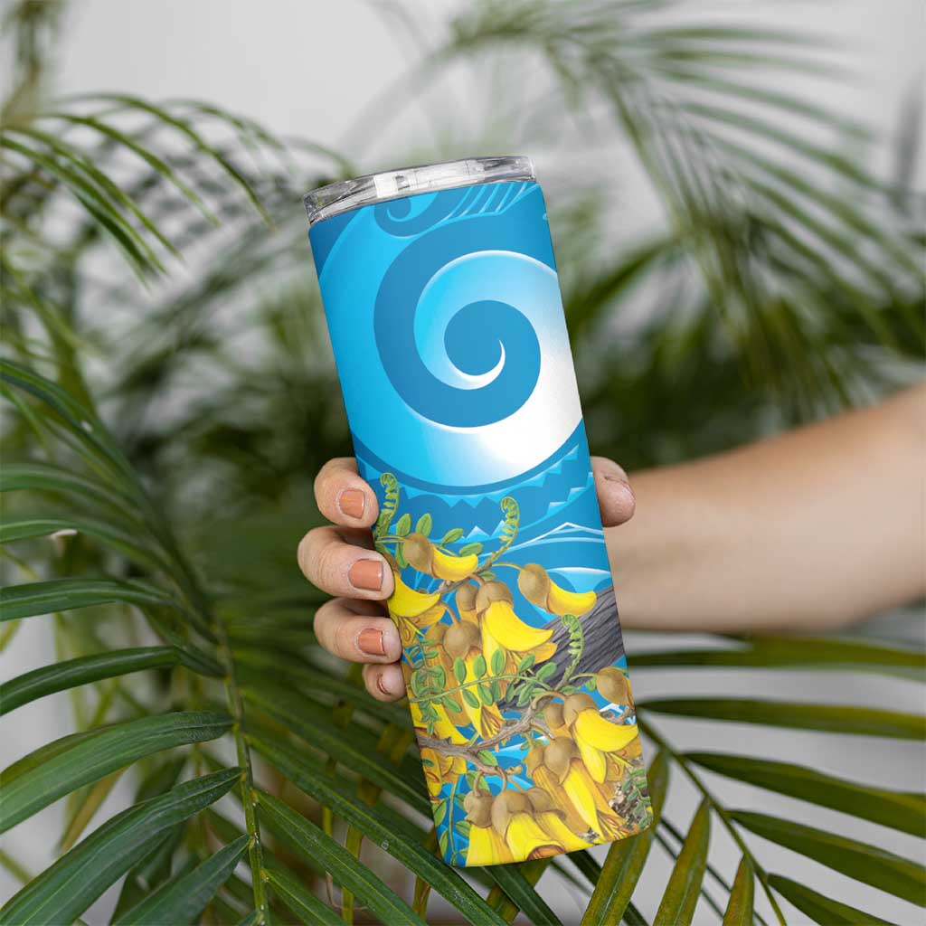 New Zealand Kokako Bird Skinny Tumbler Maori Koru With Kowhai Flowers - Aussie Hoodie