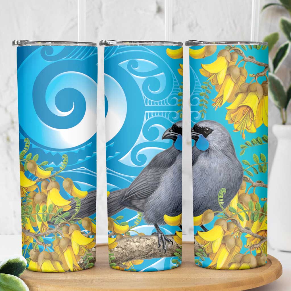 New Zealand Kokako Bird Skinny Tumbler Maori Koru With Kowhai Flowers - Aussie Hoodie