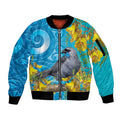 New Zealand Kokako Bird Sleeve Zip Bomber Jacket Maori Koru With Kowhai Flowers - Aussie Hoodie