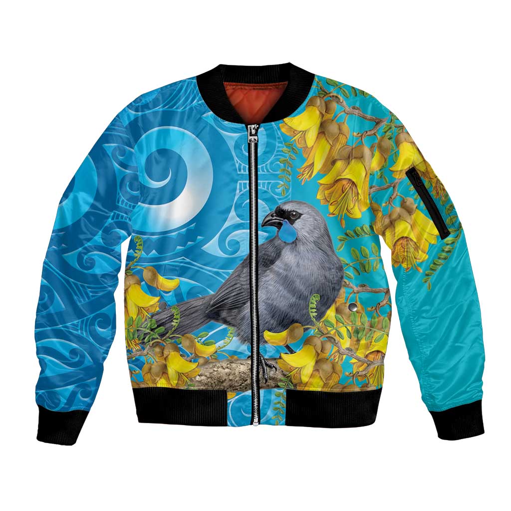 New Zealand Kokako Bird Sleeve Zip Bomber Jacket Maori Koru With Kowhai Flowers - Aussie Hoodie
