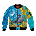 New Zealand Kokako Bird Sleeve Zip Bomber Jacket Maori Koru With Kowhai Flowers - Aussie Hoodie