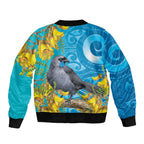 New Zealand Kokako Bird Sleeve Zip Bomber Jacket Maori Koru With Kowhai Flowers - Aussie Hoodie