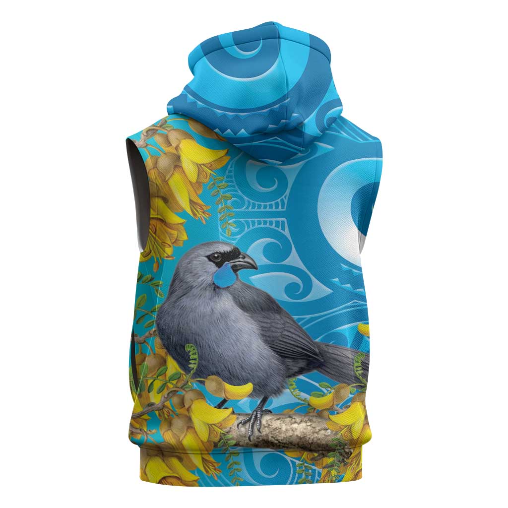 New Zealand Kokako Bird Sleeveless Hoodie Maori Koru With Kowhai Flowers - Aussie Hoodie
