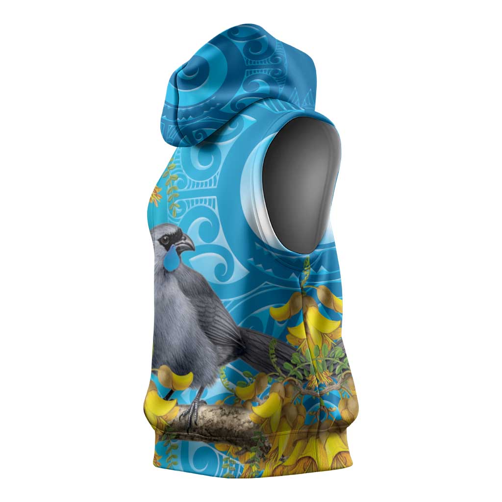 New Zealand Kokako Bird Sleeveless Hoodie Maori Koru With Kowhai Flowers - Aussie Hoodie