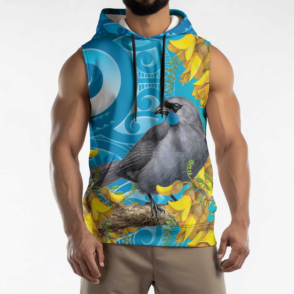 New Zealand Kokako Bird Sleeveless Hoodie Maori Koru With Kowhai Flowers - Aussie Hoodie