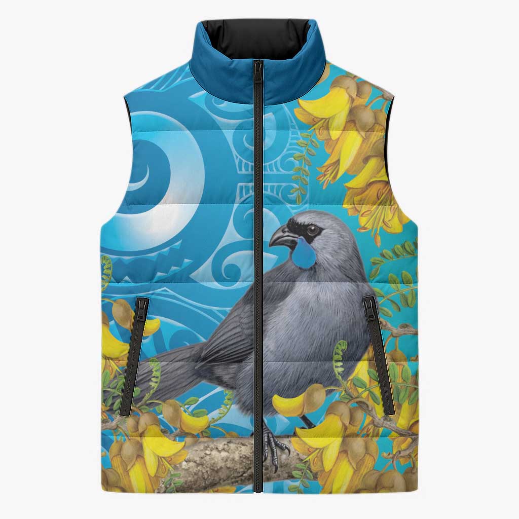 New Zealand Kokako Bird Sleeveless Puffer Jacket Maori Koru With Kowhai Flowers - Aussie Hoodie