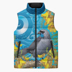 New Zealand Kokako Bird Sleeveless Puffer Jacket Maori Koru With Kowhai Flowers - Aussie Hoodie