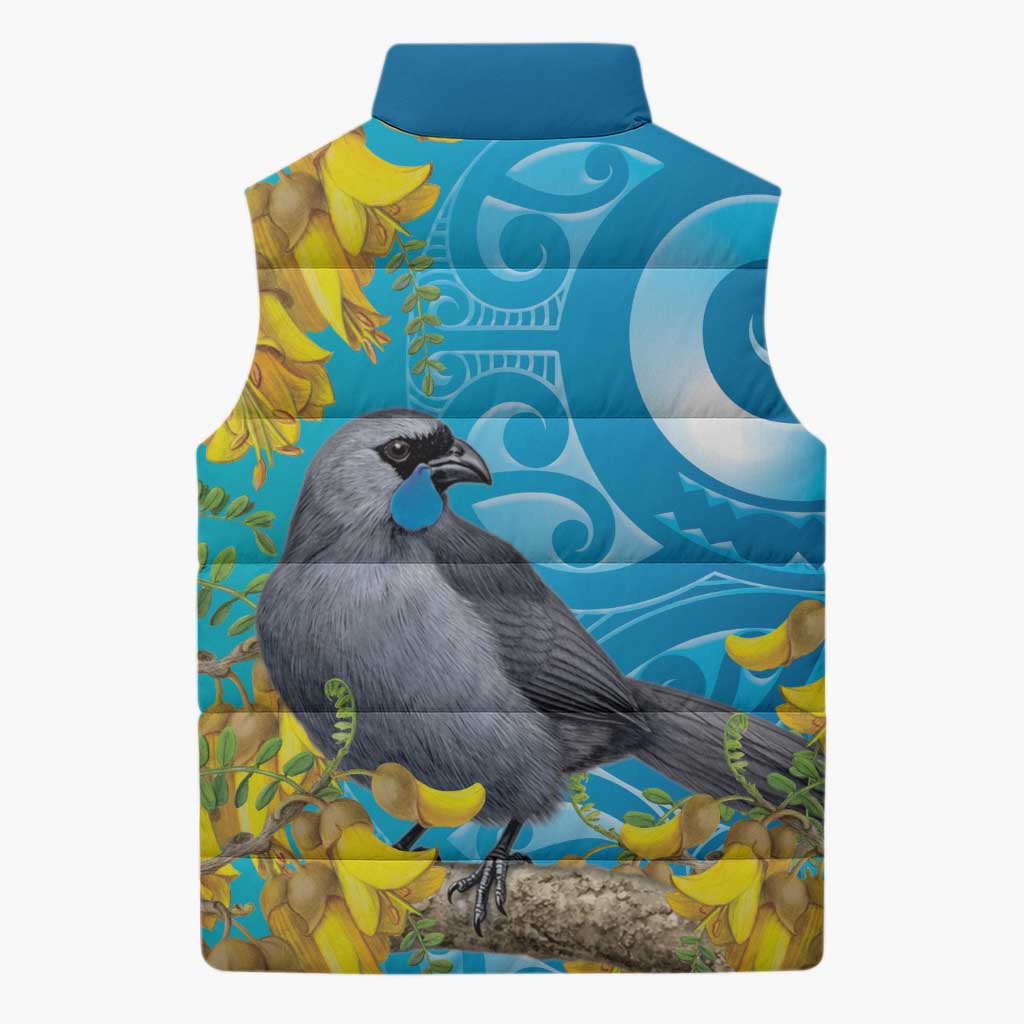 New Zealand Kokako Bird Sleeveless Puffer Jacket Maori Koru With Kowhai Flowers - Aussie Hoodie