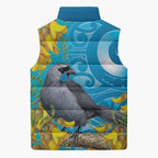 New Zealand Kokako Bird Sleeveless Puffer Jacket Maori Koru With Kowhai Flowers - Aussie Hoodie