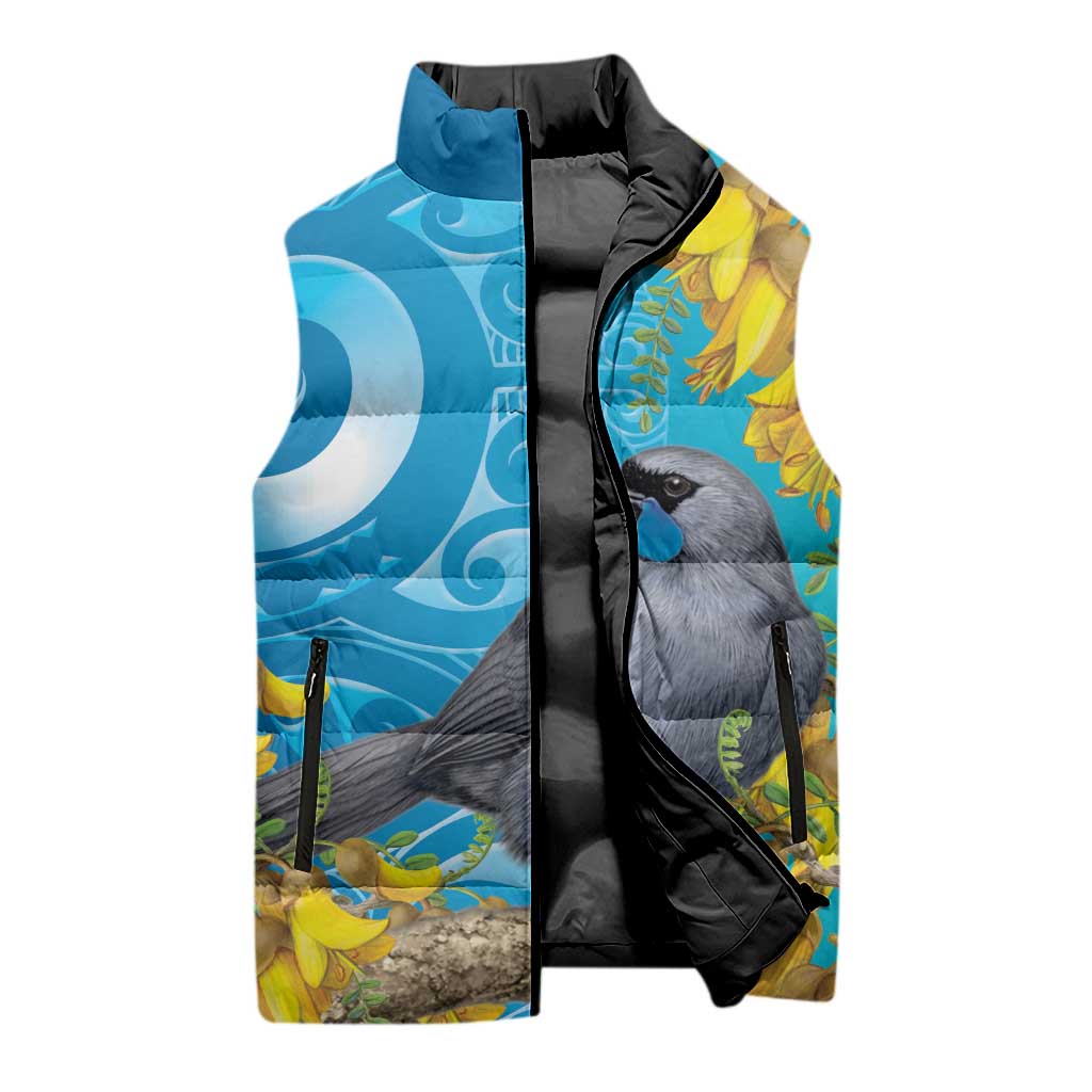 New Zealand Kokako Bird Sleeveless Puffer Jacket Maori Koru With Kowhai Flowers - Aussie Hoodie