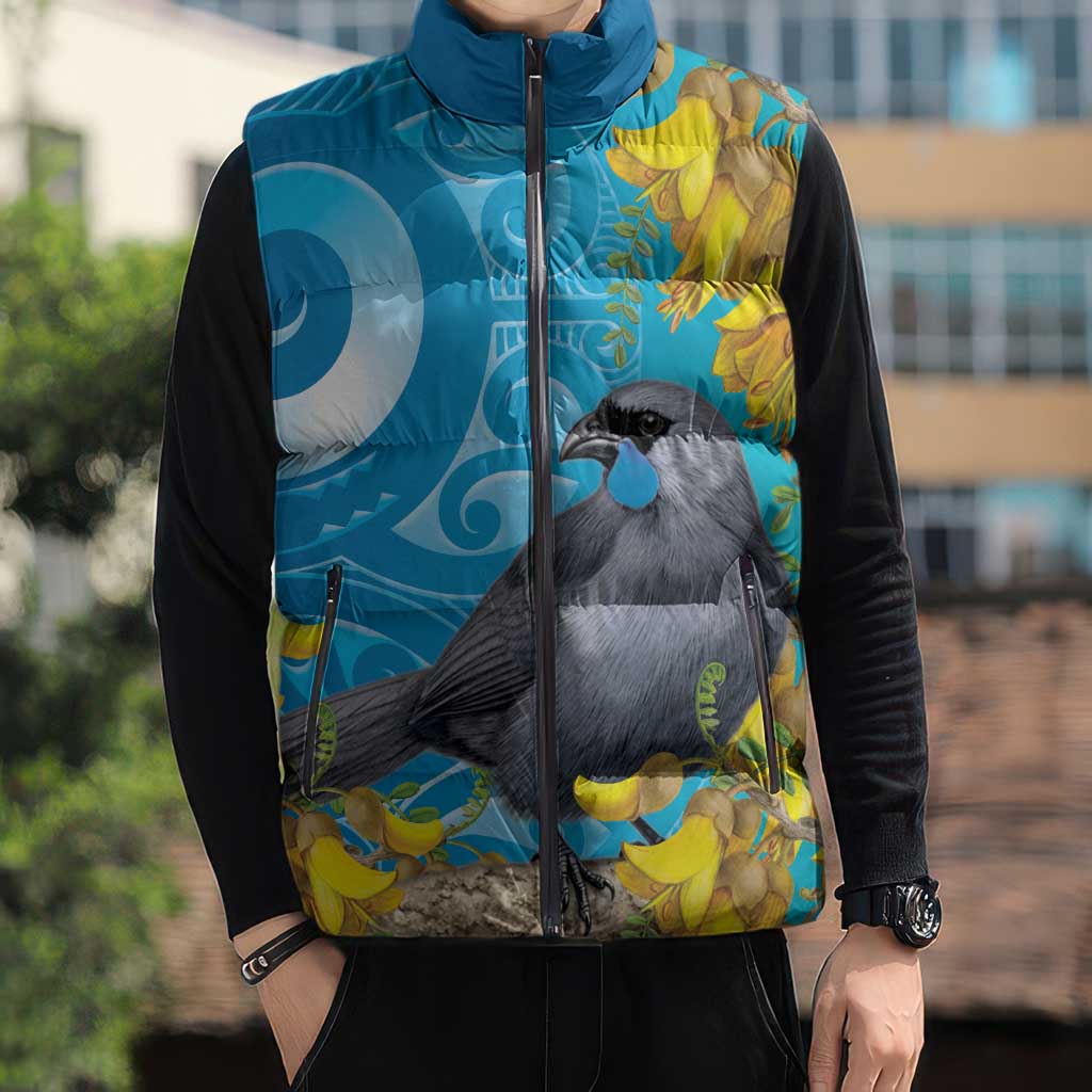 New Zealand Kokako Bird Sleeveless Puffer Jacket Maori Koru With Kowhai Flowers - Aussie Hoodie