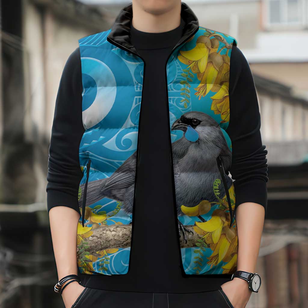 New Zealand Kokako Bird Sleeveless Puffer Jacket Maori Koru With Kowhai Flowers - Aussie Hoodie