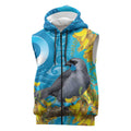 New Zealand Kokako Bird Sleeveless Zip Hoodie Maori Koru With Kowhai Flowers - Aussie Hoodie