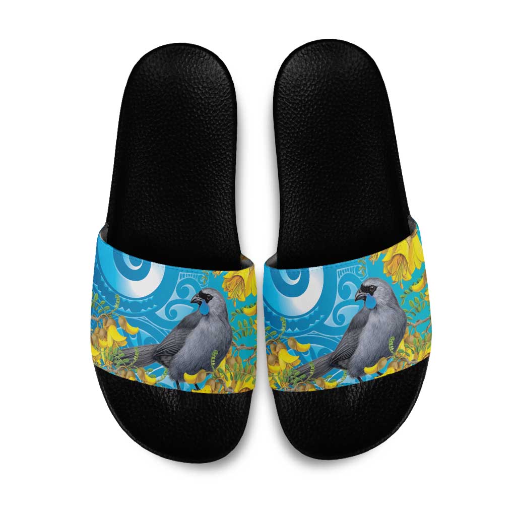New Zealand Kokako Bird Slide Sandals Maori Koru With Kowhai Flowers - Aussie Hoodie