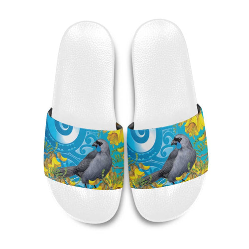 New Zealand Kokako Bird Slide Sandals Maori Koru With Kowhai Flowers - Aussie Hoodie