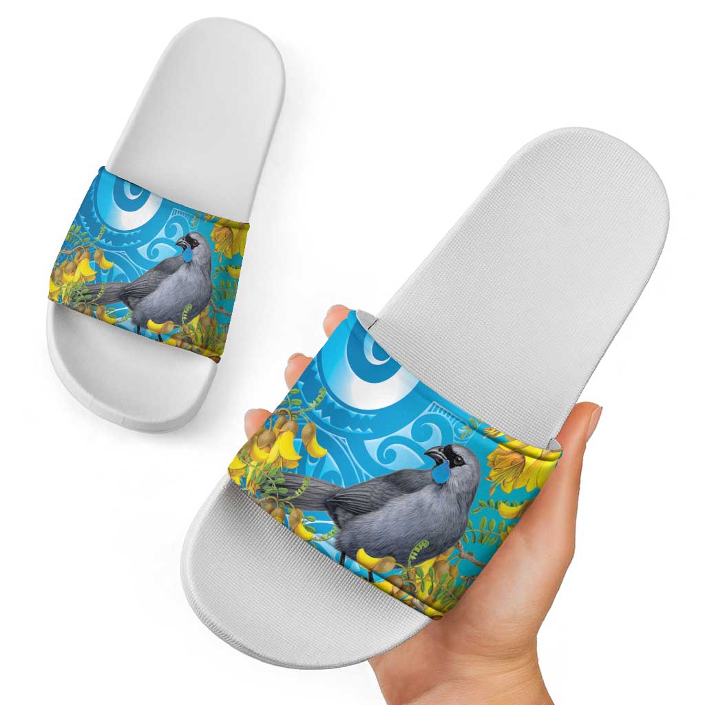 New Zealand Kokako Bird Slide Sandals Maori Koru With Kowhai Flowers - Aussie Hoodie