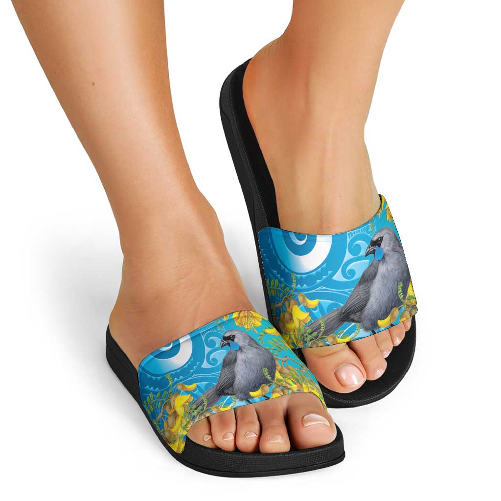 New Zealand Kokako Bird Slide Sandals Maori Koru With Kowhai Flowers - Aussie Hoodie