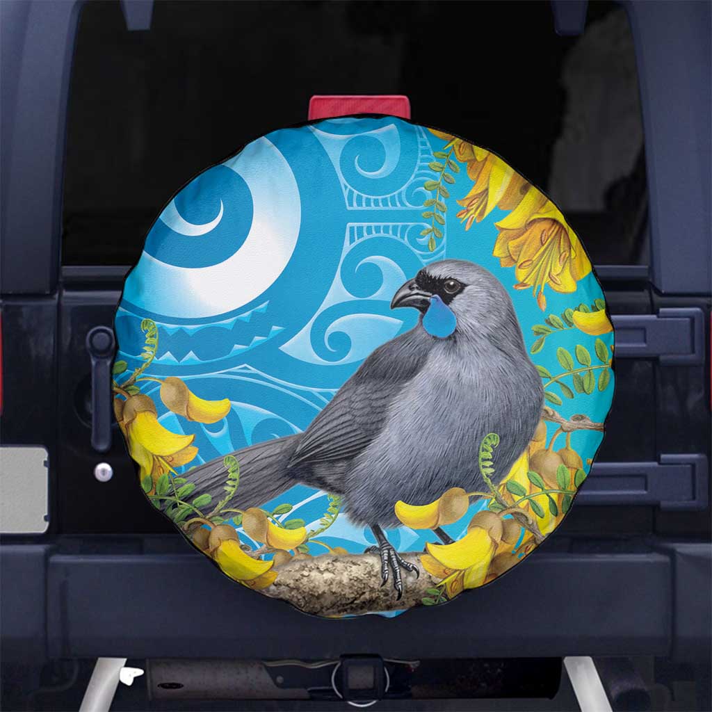 New Zealand Kokako Bird Spare Tire Cover Maori Koru With Kowhai Flowers - Aussie Hoodie