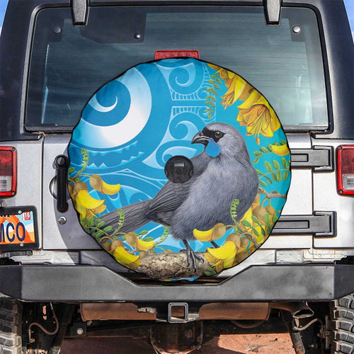 New Zealand Kokako Bird Spare Tire Cover Maori Koru With Kowhai Flowers - Aussie Hoodie