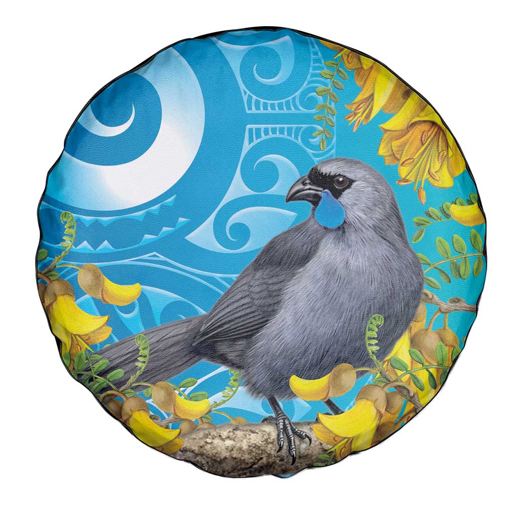 New Zealand Kokako Bird Spare Tire Cover Maori Koru With Kowhai Flowers - Aussie Hoodie