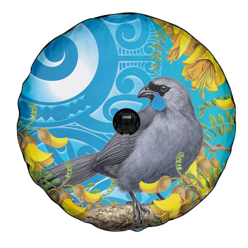 New Zealand Kokako Bird Spare Tire Cover Maori Koru With Kowhai Flowers - Aussie Hoodie