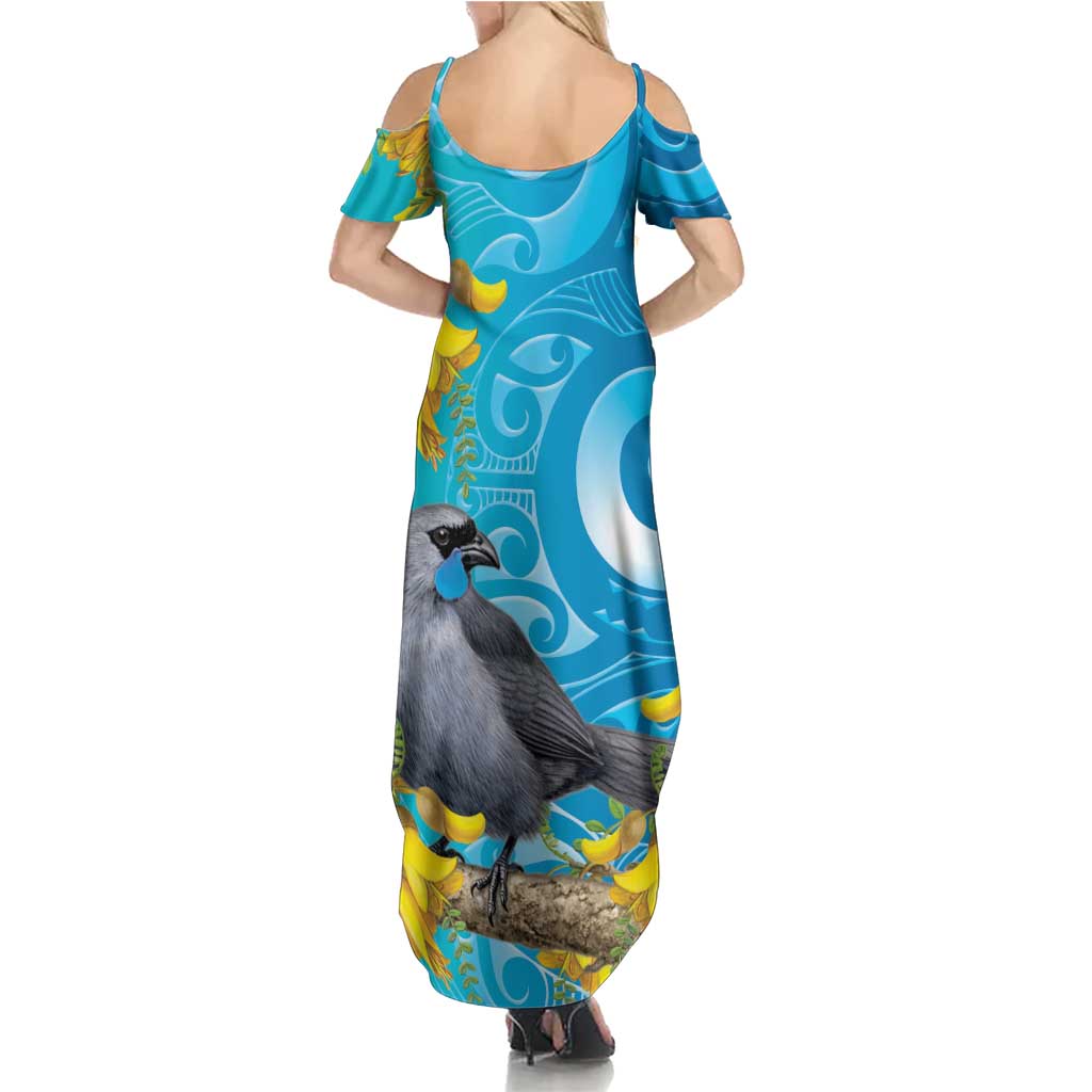 New Zealand Kokako Bird Summer Maxi Dress Maori Koru With Kowhai Flowers - Aussie Hoodie