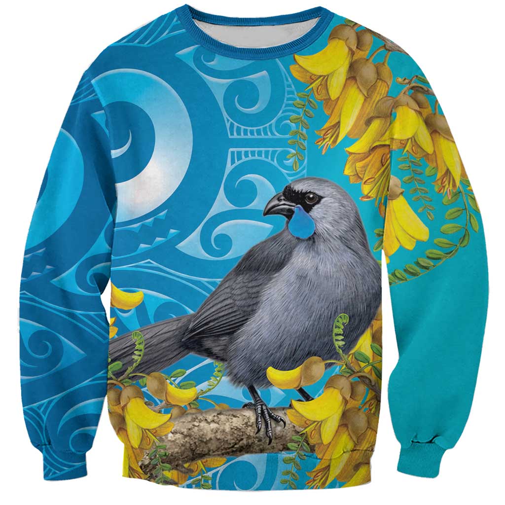 New Zealand Kokako Bird Sweatshirt Maori Koru With Kowhai Flowers - Aussie Hoodie