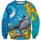 New Zealand Kokako Bird Sweatshirt Maori Koru With Kowhai Flowers - Aussie Hoodie