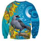 New Zealand Kokako Bird Sweatshirt Maori Koru With Kowhai Flowers - Aussie Hoodie