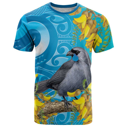 New Zealand Kokako Bird T Shirt Maori Koru With Kowhai Flowers - Aussie Hoodie