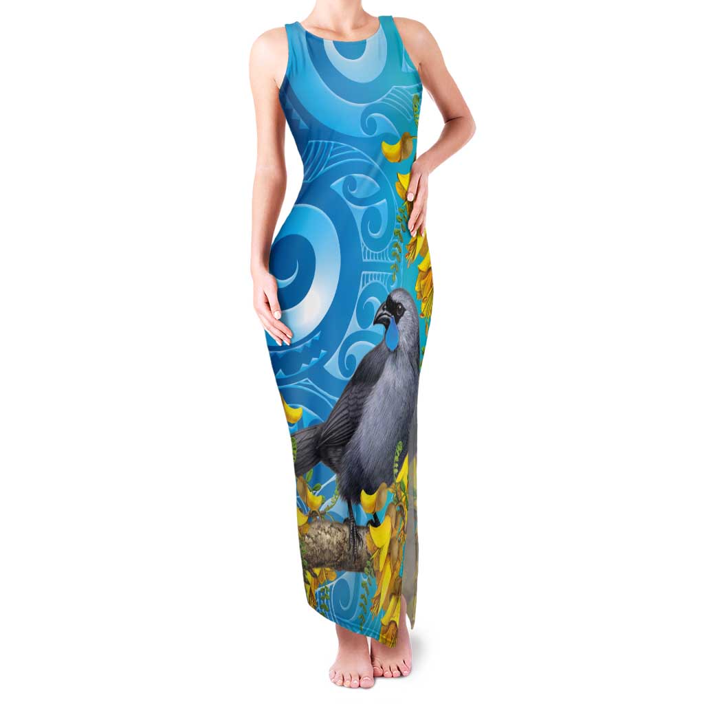 New Zealand Kokako Bird Tank Maxi Dress Maori Koru With Kowhai Flowers - Aussie Hoodie