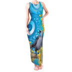 New Zealand Kokako Bird Tank Maxi Dress Maori Koru With Kowhai Flowers - Aussie Hoodie