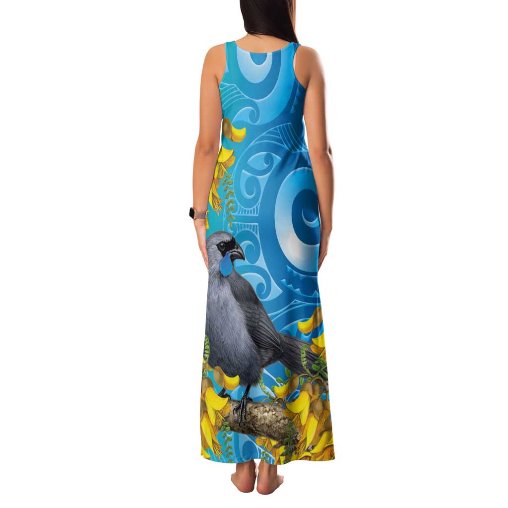 New Zealand Kokako Bird Tank Maxi Dress Maori Koru With Kowhai Flowers - Aussie Hoodie