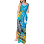 New Zealand Kokako Bird Tank Maxi Dress Maori Koru With Kowhai Flowers - Aussie Hoodie